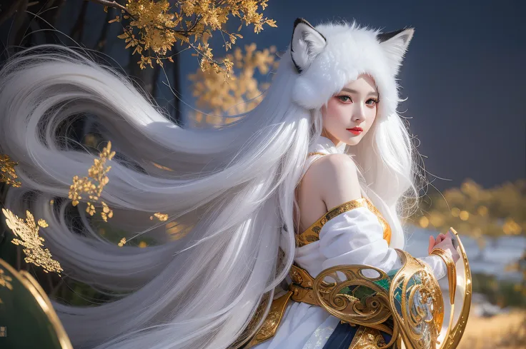 （this woman is a nine-tailed demon fox：1.5），（fox ear：1.3），（white color hair：1.3），（fox tails：1.3），（golden section：1.2），(8k, raw p...