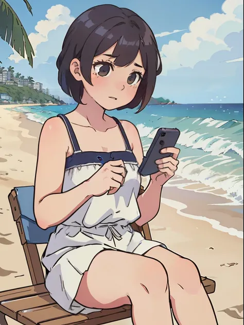 （High detail：1.4），（A high resolution：1.4），A girl with short hair looks down and plays with her phone，jk，beachside，Natural soft light，夏天，full bodyesbian
