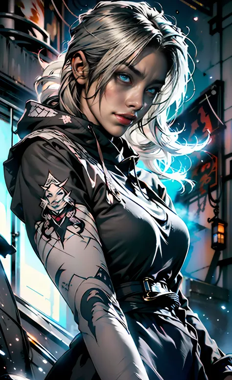 (absurdes, ah high, ultradetailed), ((A girl)), a 1girl, androgynous vampire, High Stability, ((white colored hair)), pubic tattoo, ((чрезвычайно детализированные обои CG unity 8k, intricate detials, (style-swirlmagic: 0.8), portraite of a, looking a view...