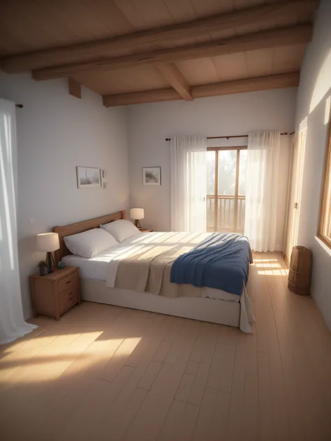 Bohoai room, eye height 1.65, look at the horizon, camera angle in 40°, masterpiece, photorealism, best quality, soft lights, neutral tones, wooden floor, bed, headboard, iron window overlooking forest, fuzzy white carpet under the bed, single bed, wall be...
