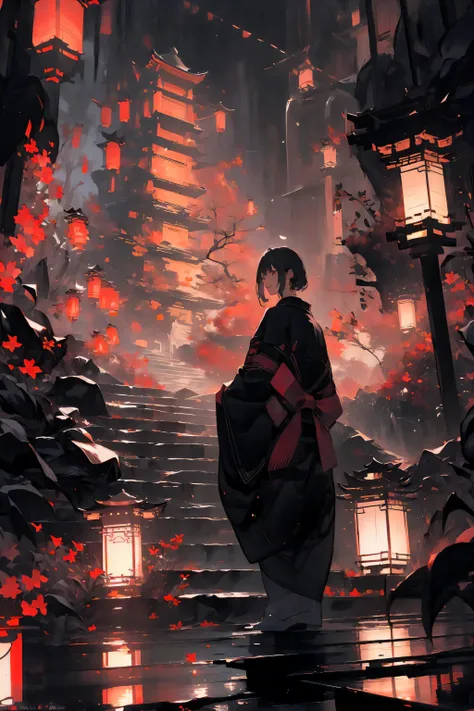 (masterpiece:1.2), best quality,realistic,Tyndall effect,
night, lantern, tree, scenery, outdoors, 1boy, solo, black hair, japanese clothes, from behind, male focus, standing, east asian architecture, architecture, sky, night sky, stairs, facing away,Red l...
