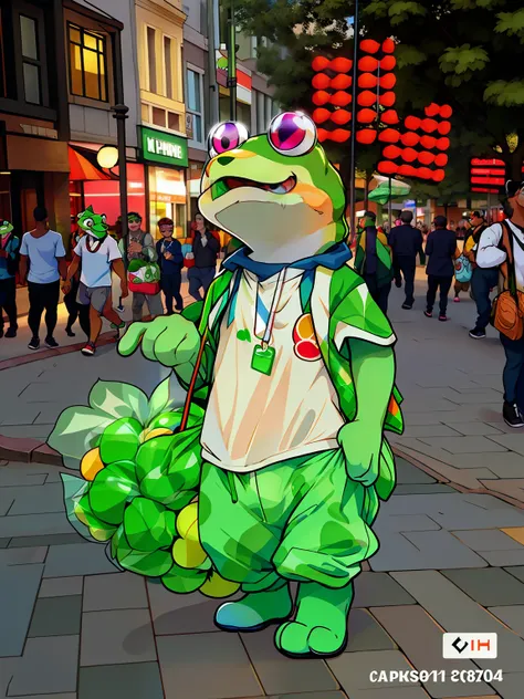 Alafi walks down the street dressed in green, There is a cute frog, Cosplayers who dress up like frogs, com mascot, Carrying a bunch of frog balloons, as an anthropomorphic turtle, High quality clothing, appearing in a shopping mall, Kermit the Frog, frog...