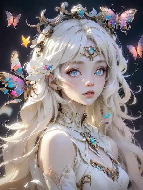 1 woman with a crown，facing to audience，beautiful and elegant butterfly queen, guviz, fantasy art style, 8k high quality detaile...