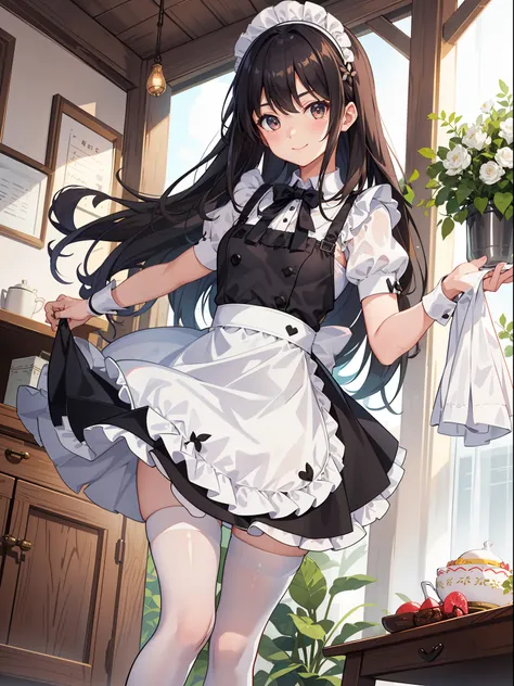 1girl in、a smile、a delightful、skirt by the、(small tits)chilarism、doress、aprons,,,,,,、maid,,,,,,,,、brunette color hair、hair adorn...