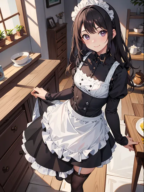 1girl in、a smile、a delightful、skirt by the、(small tits)chilarism、doress、aprons,,,,,,、maid,,,,,,,,、brunette color hair、hair adorn...