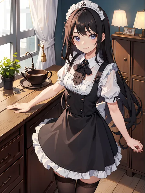 1girl in、a smile、a delightful、skirt by the、(small tits)chilarism、doress、aprons,,,,,,、maid,,,,,,,,、brunette color hair、hair adorn...