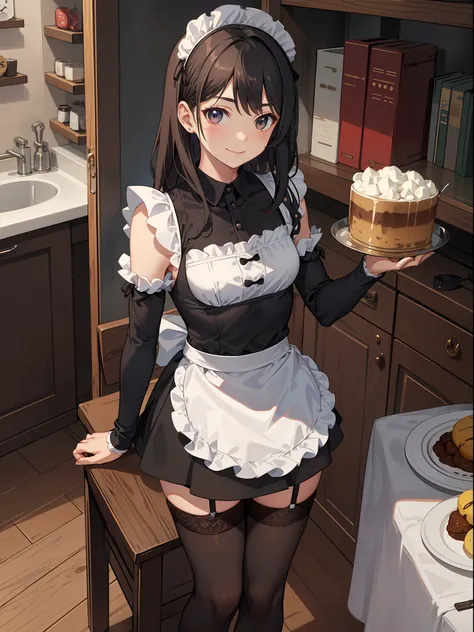 1girl in、a smile、a delightful、skirt by the、(small tits)chilarism、doress、aprons,,,,,,、maid,,,,,,,,、brunette color hair、hair adorn...