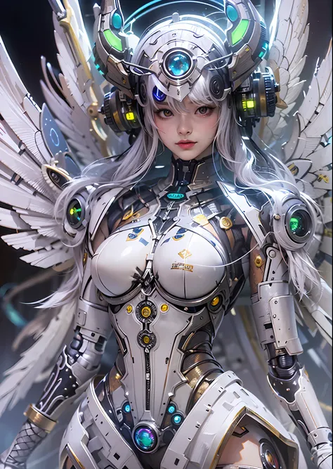 top-quality、​masterpiece、超a high resolution、(photorealsitic:1.4)、raw photo、steampunk cyborg angel、large wings made of metal、whit...