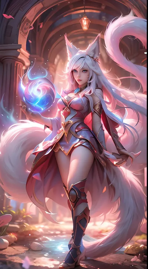 ahri，league of legend，vastaya，kyuubi，fox ears white hair girl，nine tails tail exposed，full bodyesbian，magic energy ball in hand，...