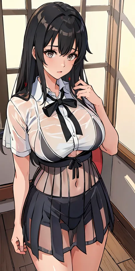 (((top-quality、masterpiece)))、1girl in、A stunning、A dark-haired、barechested、(((confusion)))、School Uniforms、(((Sheer clothes)))、perspiring、(((Colossal tits)))、large full breasts、Sheer areol、neck tie、espadrilles