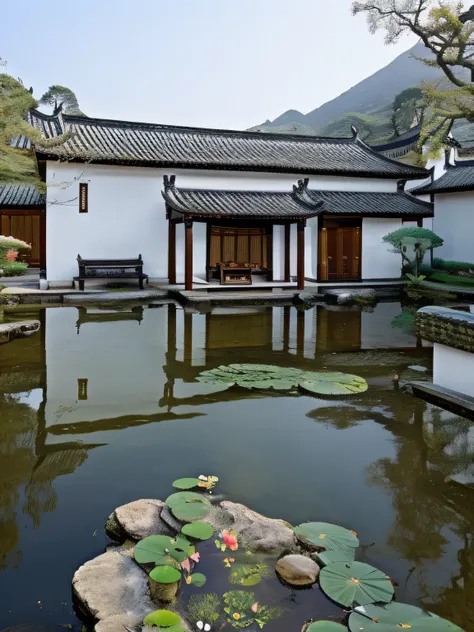 Traditional Chinese residential garden,Zen landscape,Scenic beauty,rockery,fishpond,Koi,lotuses,Cornices warped,Stone pavement,a plant,White walls and black tiles,Small bridge in front of the building,Chinese architecture,Koi fish swim around under the cle...