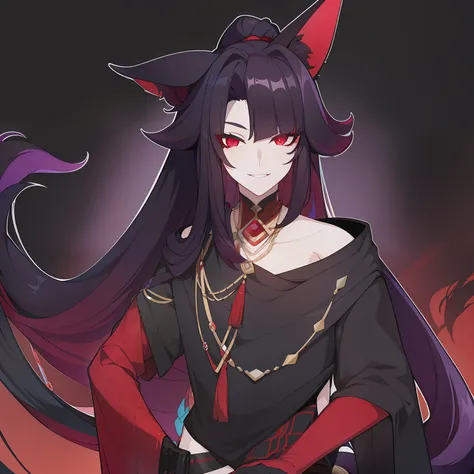 Young guy, pretty facial features, long dark purple hair, half gathered in messy ponytail, half loose, dangerous bright red eyes, black fit clothes with many jewels, fox ears and tail, mad smile