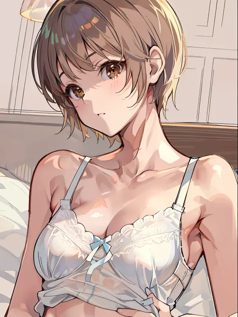 (独奏)、gentle expression、short hair. pale brown hair and brown eyes.unwear、in one's underwear only、white bra、white panties. (put y...