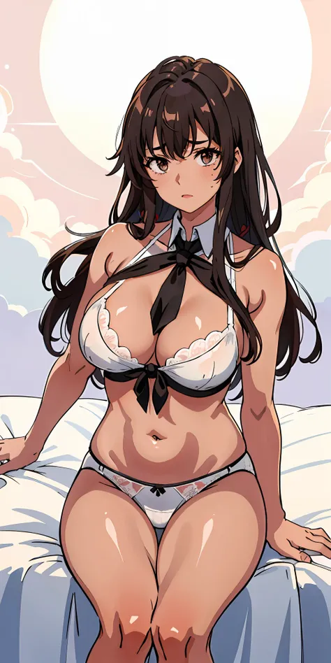 (top-quality、masterpiece)、1girl in、(((irate)))、A stunning、A dark-haired、(((Longhaire)))、barechested、Sheer clothes、a bed、(((Brown skin tone)))、sun burn、Mole、(((Colossal tits)))、large full breasts、Sheer areol、Pink underwear is visible、Show underwear、neck ti...