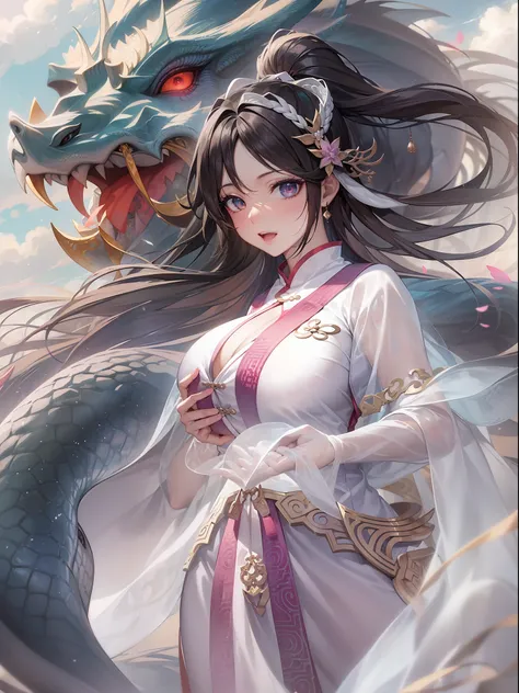 in the captivating image、elegant woman in white cheongsam、glide through the skies over a mythical chinese dragon。when they cross...