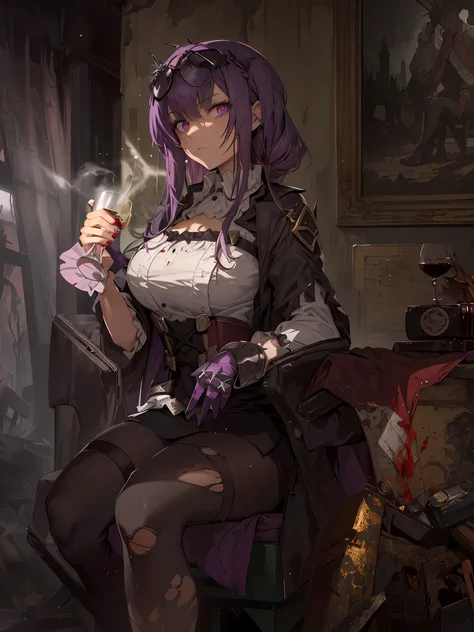 (Masterpiece, Best quality, absurderes), 1girll, Solo, KafkaHKS, A woman sits in a chair，There was a long knife next to him，There are traces of battle on the body，She is a shabby gothic horror girl，Traces of the battle are all over the body，The costumes ar...