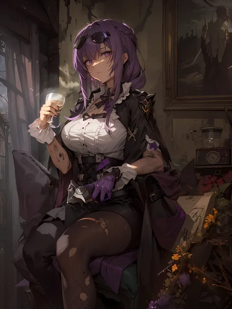 (Masterpiece, Best quality, absurderes), 1girll, Solo, KafkaHKS, A woman sits in a chair，There was a long knife next to him，There are traces of battle on the body，She is a shabby gothic horror girl，Traces of the battle are all over the body，The costumes ar...