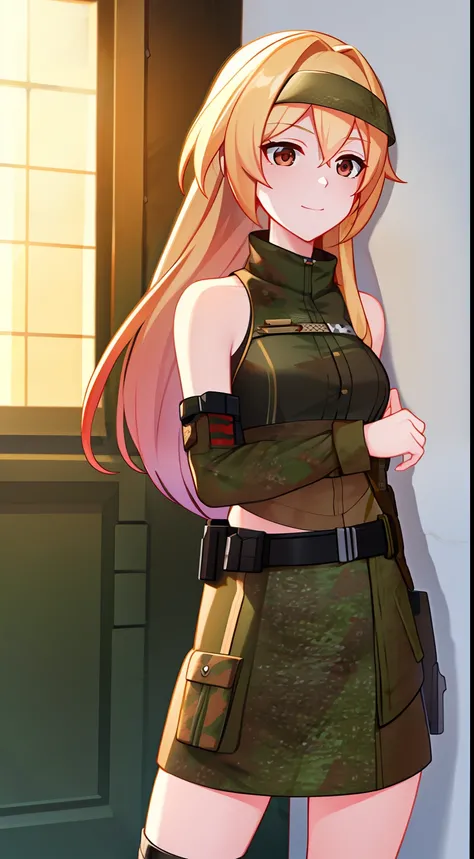 young girl, longue blonde hair, Brown eyes, camo clothes, soldier, Sleeveless, ssmile, submachine gun, Masterpiece, hiquality