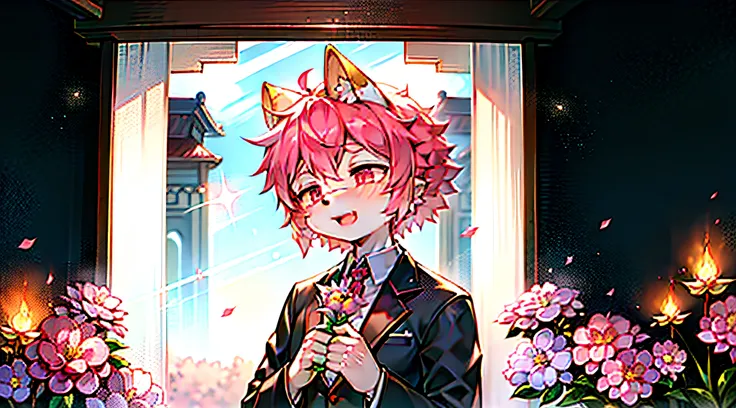 （1boys：1.3），neko boy，（shaggy：1.5），holding a flower in one hand，the other hand bleeds，squint，pink hair，bodyfur，hyper cute face，be...