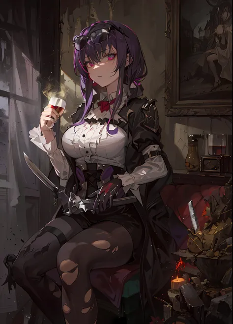 (Masterpiece, Best quality, absurderes), 1girll, Solo, KafkaHKS, A woman sits in a chair，There was a long knife next to him，There are traces of battle on the body，She is a shabby gothic horror girl，Traces of the battle are all over the body，The costumes ar...