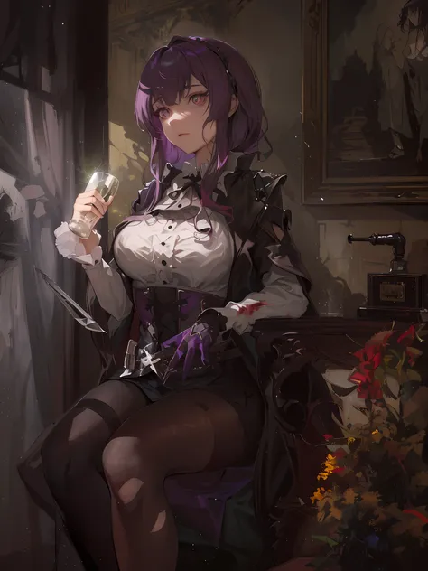 (Masterpiece, Best quality, absurderes), 1girll, Solo, KafkaHKS, A woman sits in a chair，There was a long knife next to him，There are traces of battle on the body，She is a shabby gothic horror girl，Traces of the battle are all over the body，The costumes ar...