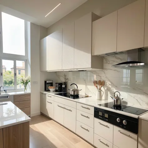 ,masterpiece, best quality,8k, ultra highres,Reallightandshadow,In this modern, simple yet elegant kitchen,The atmosphere of high-end luxury comes into being。The bright white walls complement the wooden décor,Create a simple and welcoming feeling。Stylish a...