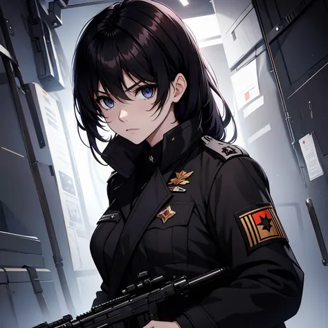 black military uniform, emotionless face, black hair, black eyes, detailled eyes, best quality, hd, beatiful eyes, ak-47, ak-74,...