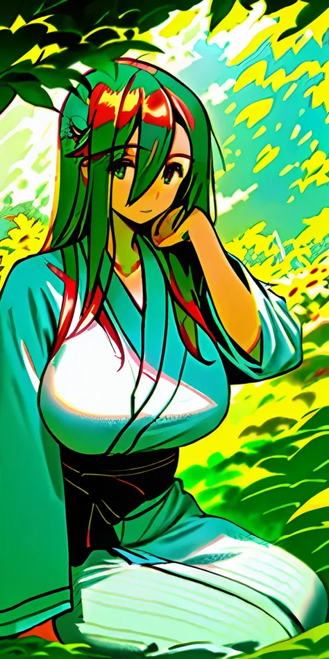 （tmasterpiece，best qualtiy），1 girl with long white hair sitting in a field of greenery and flowers，her hand under her chin，warml...