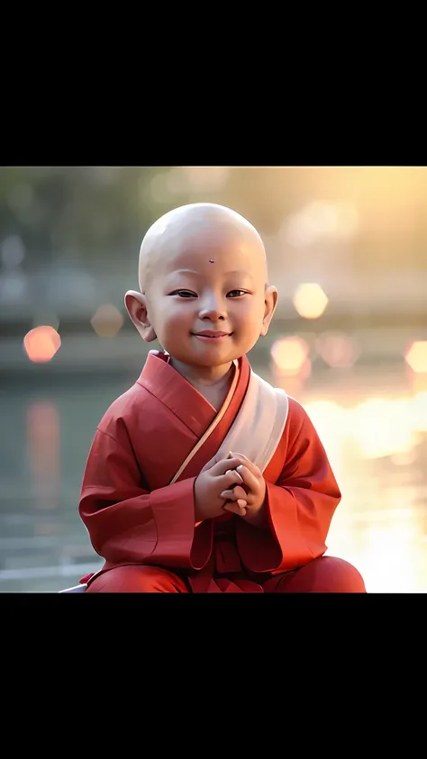 close-up of a child in a red robe sitting on a rock, a serene smile, innocent smile, with a happy expression, lite smile, sweet ...