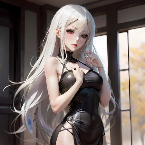 blonde woman posing for photo in black latex dress, photorealistic anime girl rendering, girl with white hair, seductive anime g...