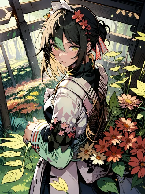 there is a painting of a girl in a garden with flowers, beautiful anime artwork, a beautiful artwork illustration, by yoshihiko ...