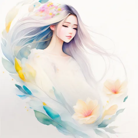 watercolor paiting、full-body beauty drawn by a skilled animator、beautuful women、hair fluttering in the wind and petals flutterin...