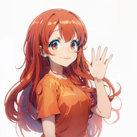 anime girl, teen, smile, long hair, hair colour red, wear orange clothes, wave hand