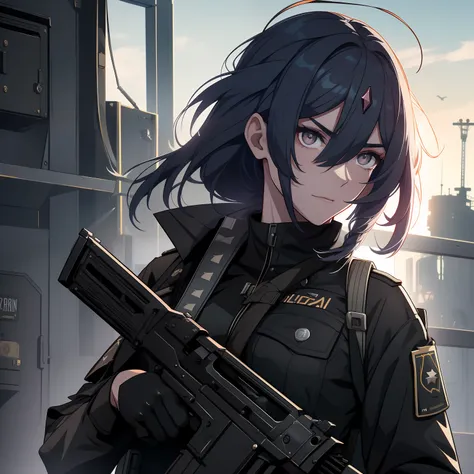 black military uniform, battle ground, black hair, black eyes, detailed eyes, best quality, hd, beautiful eyes, ak-47, ak-74, ho...