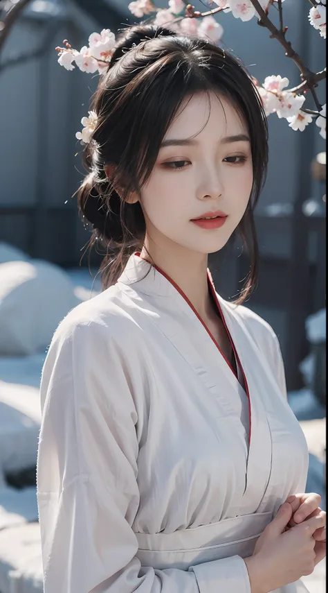 hanfu plum blossom snow beauty closed eyes side face detailed details, masterpiece, offcial art, movie light effect, 4k, chiaros...