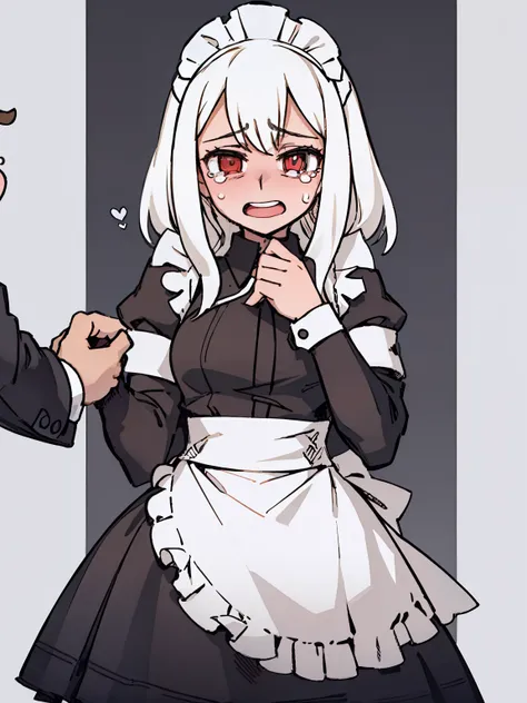 A girl frontal,((full bodyesbian,Long curly white hair,the maid outfit,streaming tears)),Beth,Put your hands in front,Young, White background
