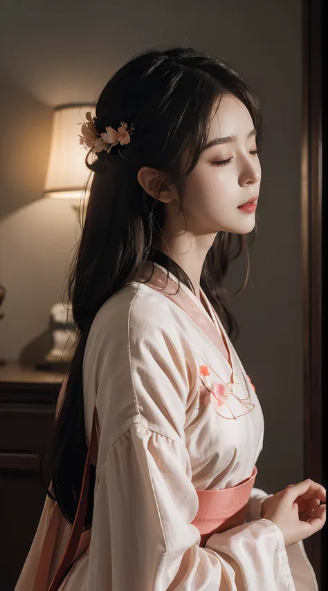 hanfu peach blossom beauty closed eyes side face detailed details, masterpiece, offcial art, movie light effect, 4k, chiaroscuro...