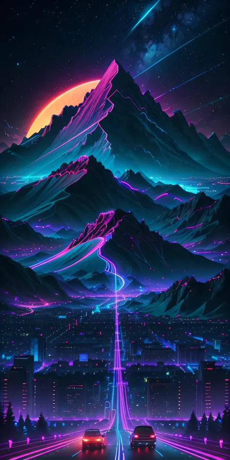 retro wave, road, city, purple and blue neon lights, sun, mountain, night sky, futuristic, 
(masterpiece, ultra detailed, high r...