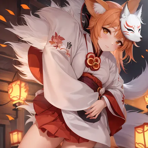 one girl in anime with a card holding a red skirt and a white yukata,ocher hair、 fox nobushi, foxes, fox three-tailed fox, with ...