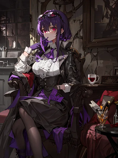 (Masterpiece, Best quality, absurderes),8K quality,  1girll, 独奏, KafkaHKS, A woman sits in a chair，There was a knife leaning against the side of the chair，There are traces of battle on the body，Traces of the battle are all over the body，The costumes are ta...