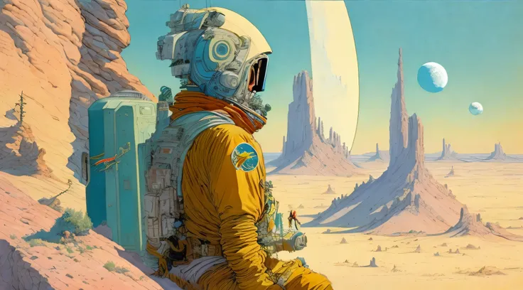 a painting of a astronaut in space suit, standing on a cliff with a large spaceship in the background by moebius jean giraud