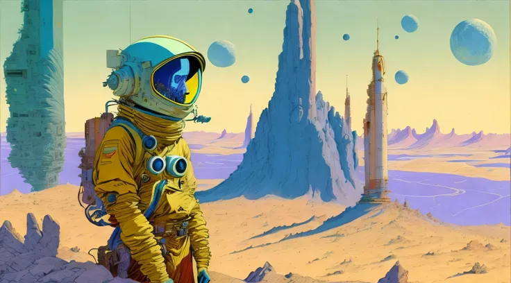 a painting of a astronaut in space suit, standing on a cliff with a large spaceship in the background by moebius jean giraud