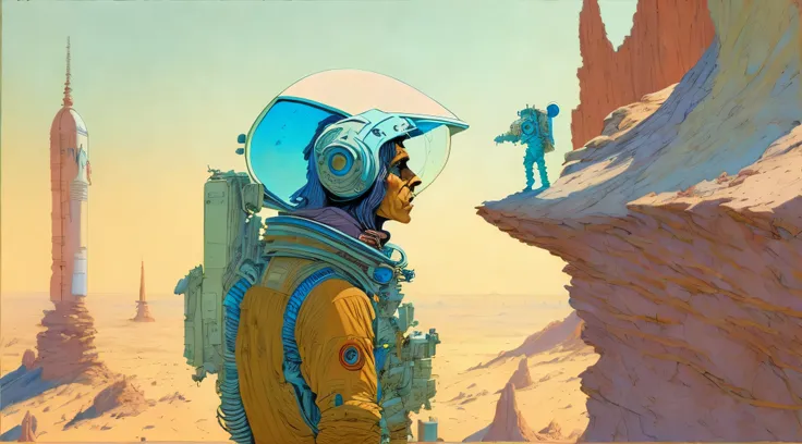 a painting of a astronaut in space suit, standing on a cliff with a large spaceship in the background by moebius jean giraud