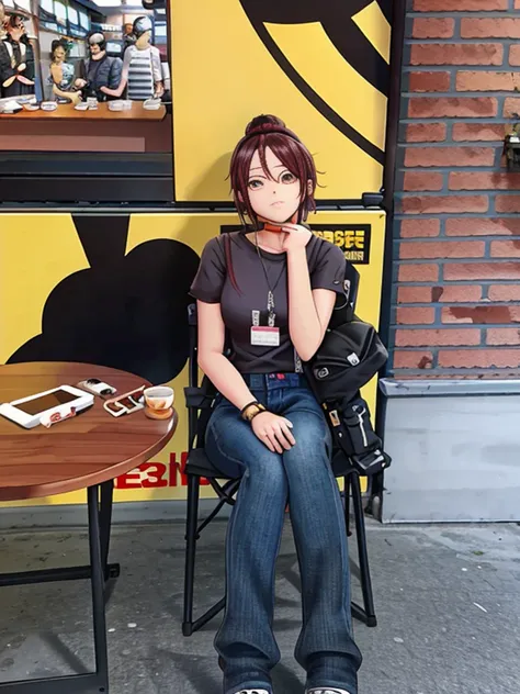 there was a woman sitting in a chair in front of the yellow sign, casual clothing style, casual pose, sitting alone in a cafe, s...