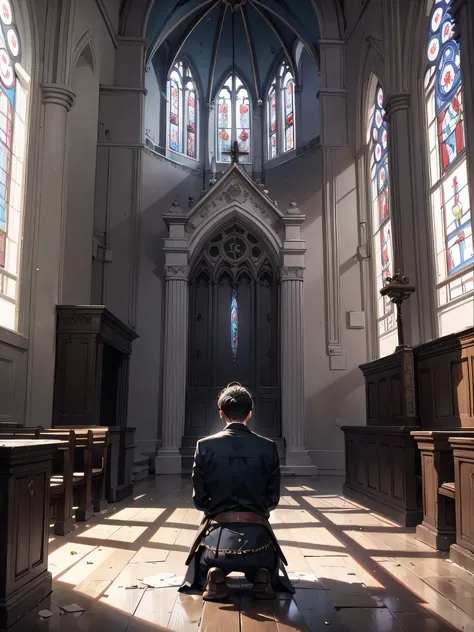 ，masterpiece, best quality，8k, 超高分辨率，in an abandoned church，the grieving man kneels before the altar and prays silently。the stai...