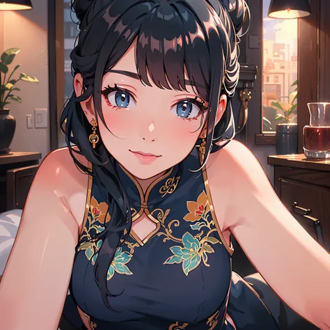 light blue cheongsam, dark blue hair,(((hairstyle to hide the eyes))), amber eyes, a seductive smile, high detailing,  awardwinn...