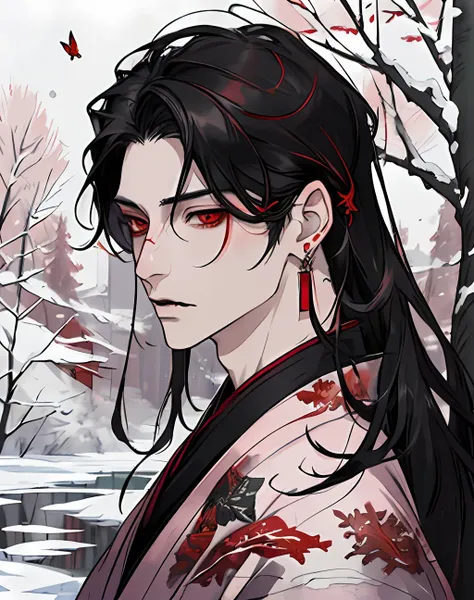 masterpiece, portrait, smoke, winter, snow, red and blck butterfly, snowy trees, watercolor, (((man))), kimono, red eyes, detale...