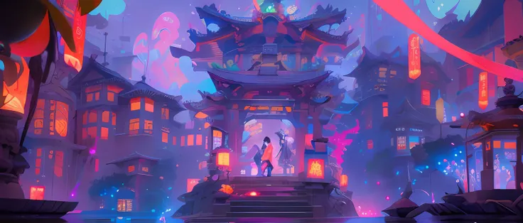 a drawing,Many bright lanterns,jen bartel, colorful concept art, cyberpunk japanese temple, Rosla global lighting, dreamy Chinese towns, stunning art style, dreamy colorful cyberpunk colors, Ross Tran style, cyberpunk chinese ancient castle, ross tran. sce...