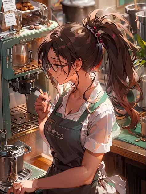 1girl, beautiful eye, smile, cafe worker, glasses, cheerful expression, barista uniform, mint green apron, coffee brown shirt, c...