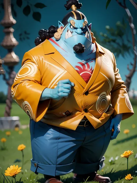 masterpiece, best quality, ultra-detailed, jinbei, jinbei oyabun 1boy, solo, Full body, smile, blue skin, wearing suits, detailed face, day, full body, looking at viewer, male focus, open fields, grass, perfect hands, perfect face, background japanese trad...